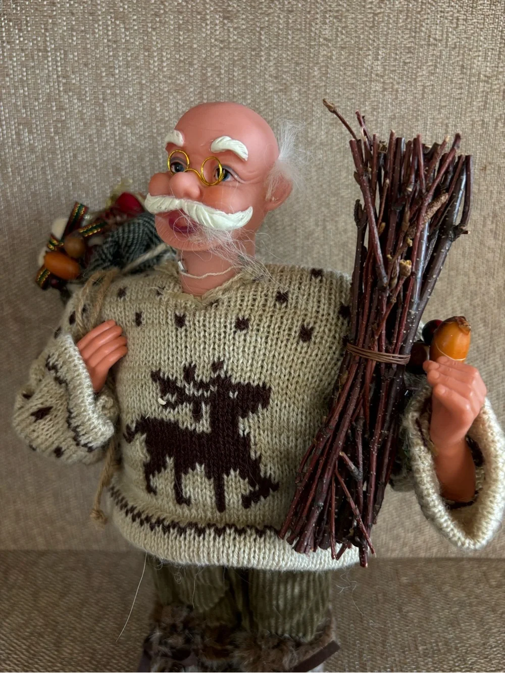 Nordic Old Man Santa Claus Doll Reindeer Knit Sweater Twig Bundle Rustic Holiday